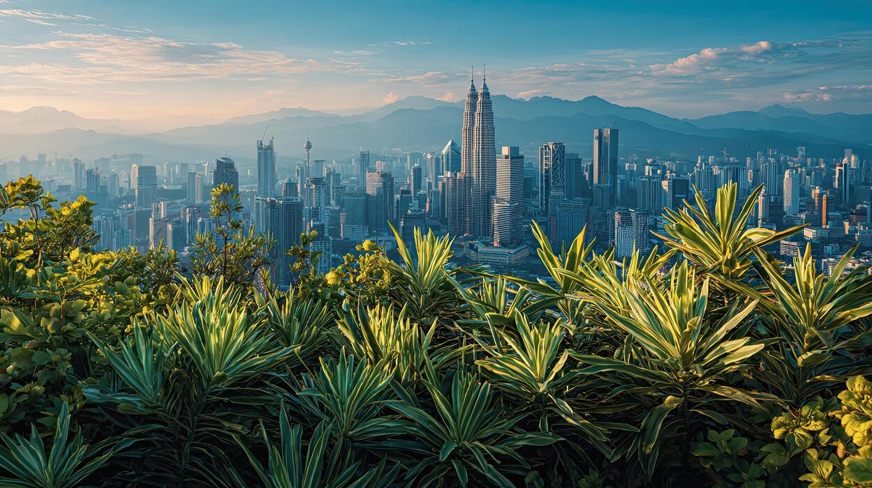 Kuala Lumpur skyline rising above a mangrove river